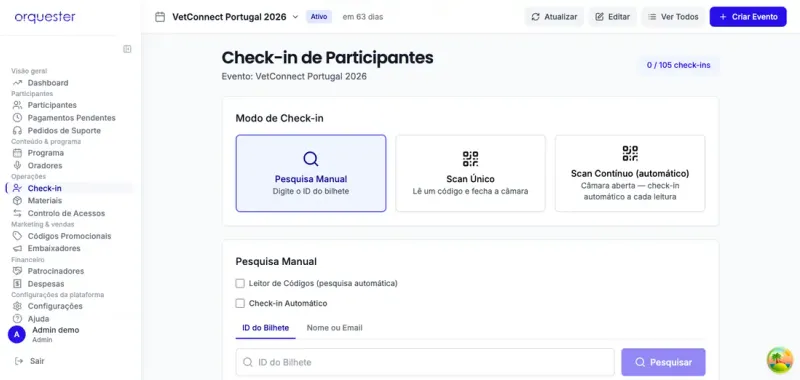 Interface de check-in por QR code da Orquester